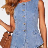 Cecilia | Ludovica Denim Sæt med Tætsiddende Vest og Bredbenede Jeans