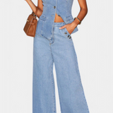 Cecilia | Ludovica Denim Sæt med Tætsiddende Vest og Bredbenede Jeans